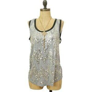 Line & Dot Revolve Sequin Top Size M Faux Leather Trim Sleeveless Gray NWT  B39
